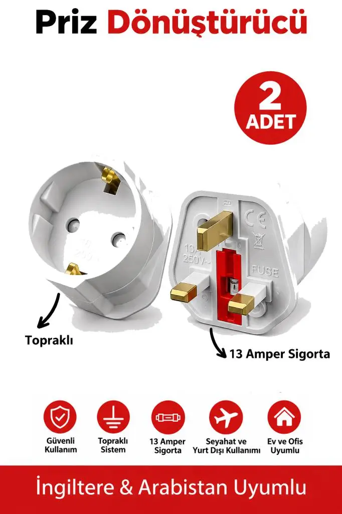 2 Adet İngiliz Erkek Türk Dişi Unıversal Priz Dönüştürücü - 13A Sigortalı Topraklı Arabistan Türkiye Priz Çevirici 