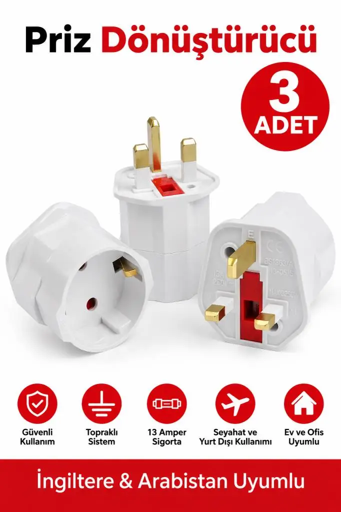 3 Adet İngiliz Erkek Türk Dişi Unıversal Priz Dönüştürücü - 13A Sigortalı Topraklı Arabistan Türkiye Priz Çevirici Adaptör - G Tipi Güç Adaptörü