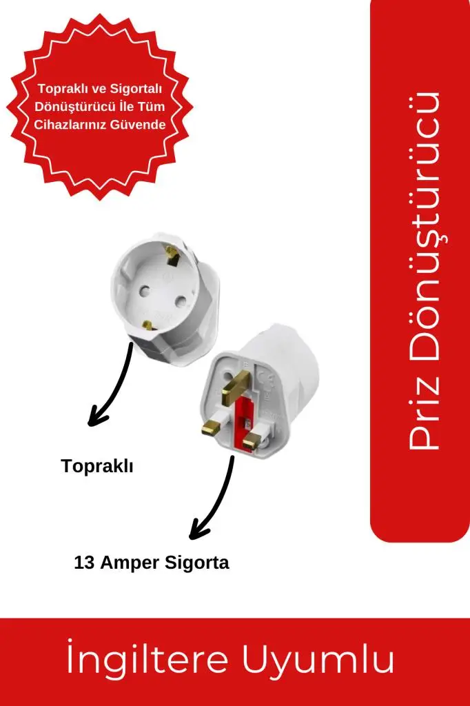 İngiltere Uyumlu Priz Dönüştürücü – Seyahat Adaptörü İngiltere Uyumlu Priz Dönüştürücü – Seyahat Adaptörü