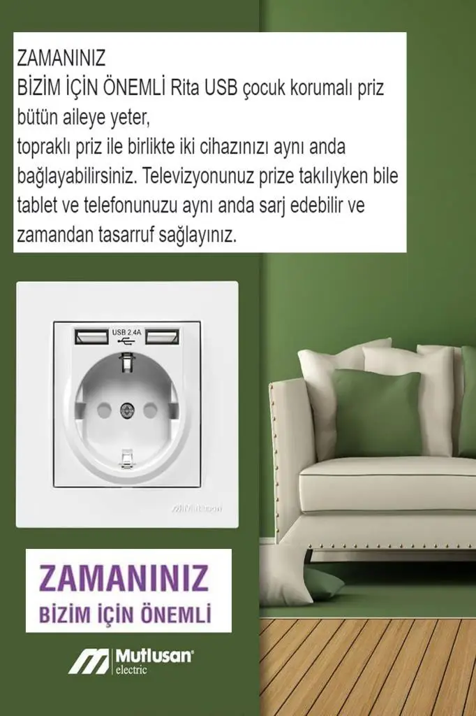 Mutlusan Rita Beyaz 2,4 A 2 USB li Topraklı Priz Mutlusan Rita Beyaz 2,4 A 2 USB li Topraklı Priz