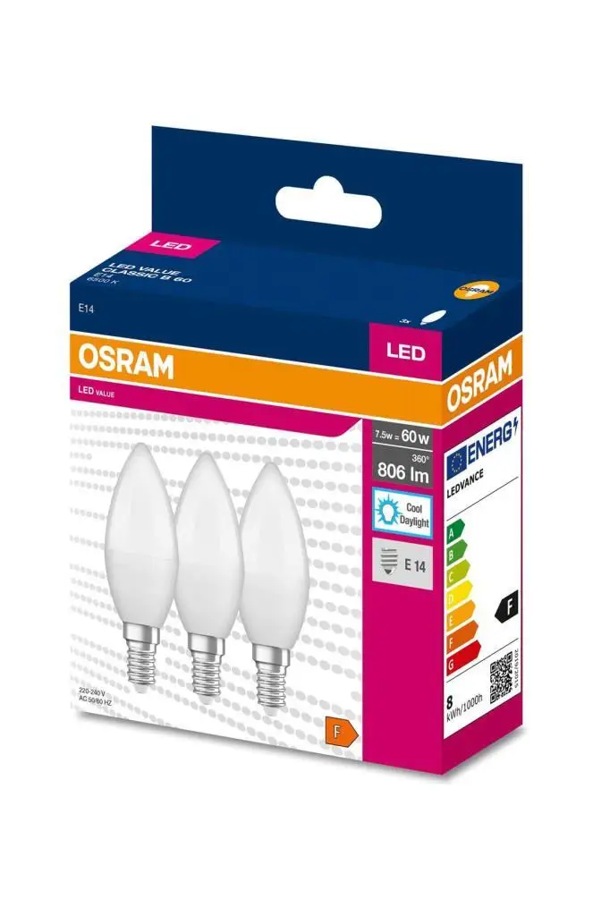 Osram Ledvalue 7,5W (60W) 3 lü Led Mum Ampul Beyaz - 6500K E14 Osram Ledvalue 7,5W (60W) 3 lü Led Mum Ampul Beyaz - 6500K E14
