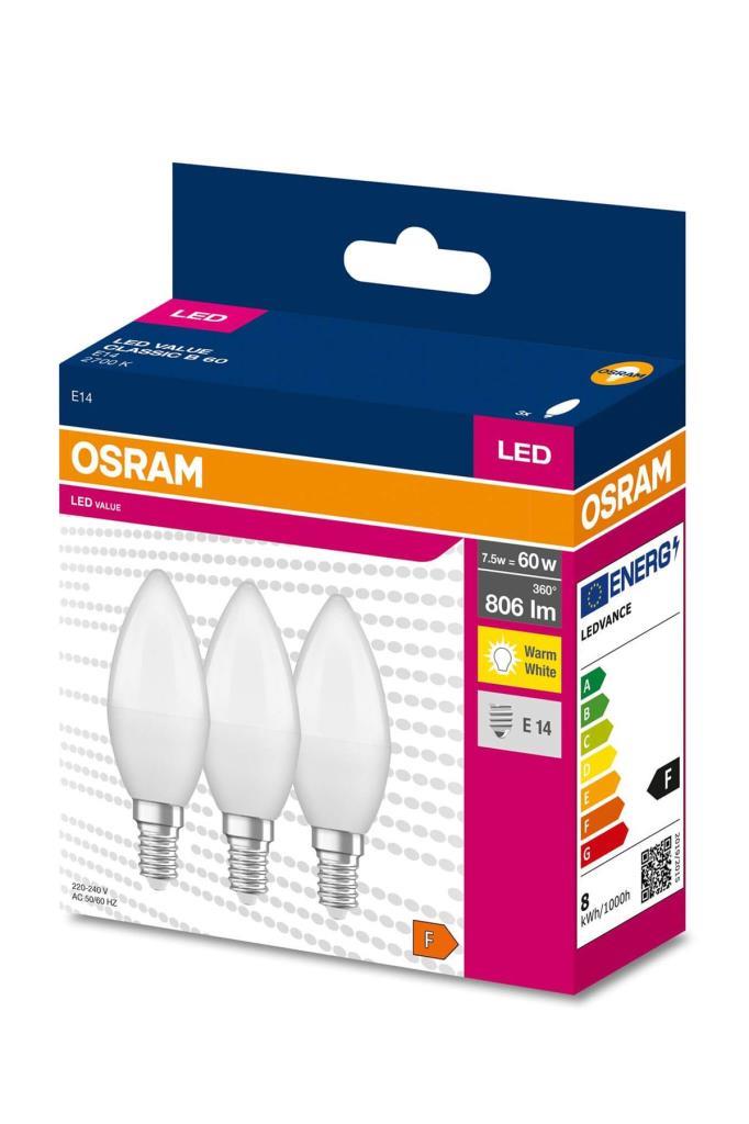 Osram Ledvalue 7,5W (60W) 3 lü Led Mum Ampul Sarı - 2700K E14 Osram Ledvalue 7,5W (60W) 3 lü Led Mum Ampul Sarı - 2700K E14