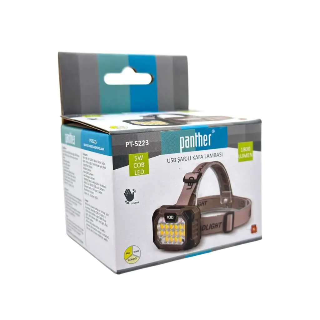Panther PT-5223 USB Şarjlı Kafa Lambası Farklı Işık Modlu Sensörlü Fener 1800 Lümen