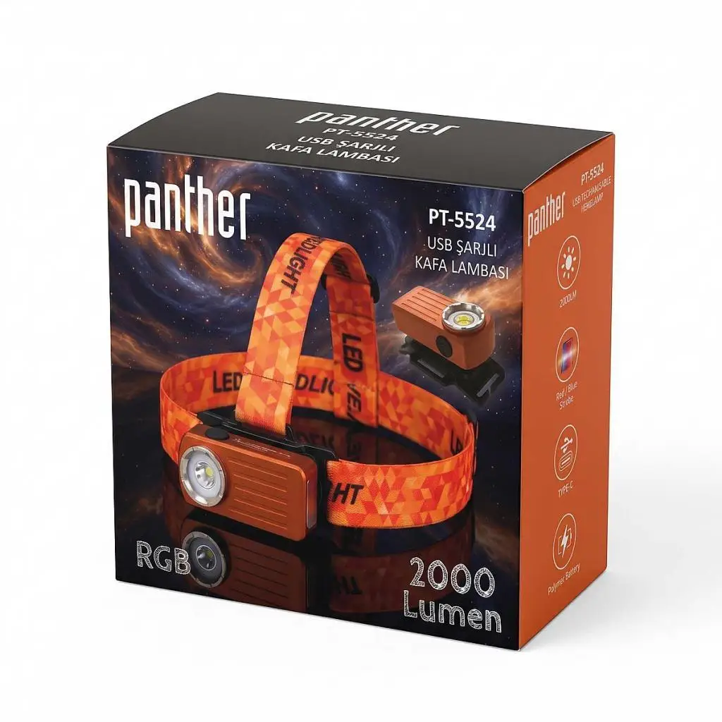 Panther PT-5524 Mıknatıslı & Klipsli Çok Renkli RGB 2000 Lümen Lazer LED USB Şarjlı Kafa Lambası