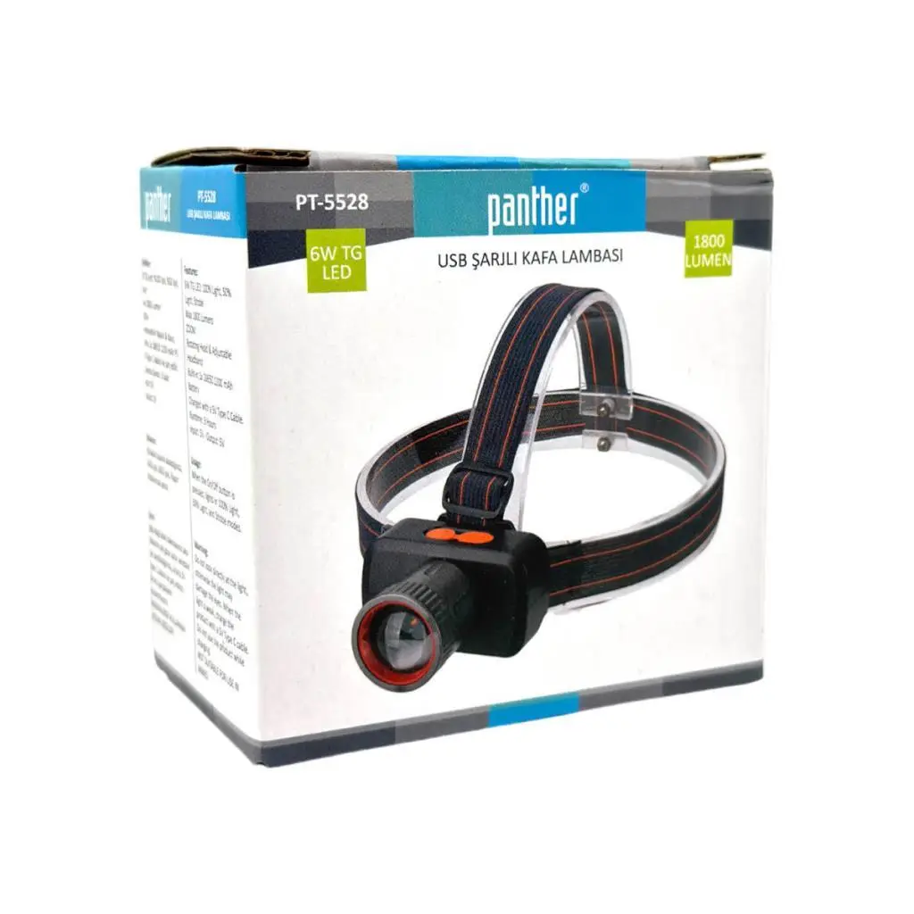 Panther PT-5528 USB Şarjlı Kafa Lambası 1800 Lümen Zoom Ayarlanabilir Başlık 3Modlu TG Ledli Kafa Feneri