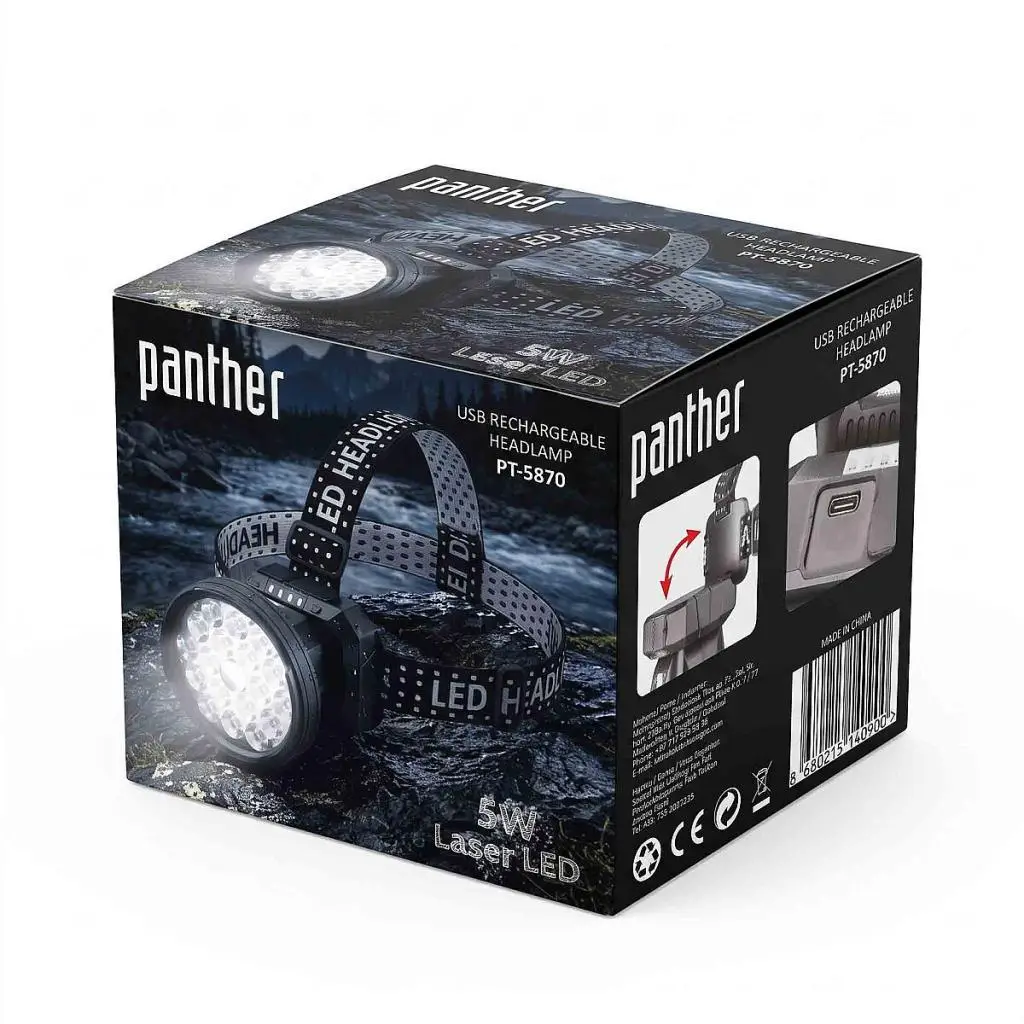 Panther PT-5870 USB Şarjlı Kafa Lambası 1000 Lümen 5W Lazer LED 18 LED Uzun Menzilli
