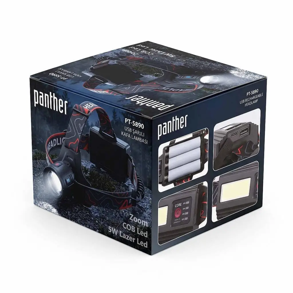 Panther PT-5890 USB Şarjlı Kafa Feneri 5W Lazer LED COB Işık Powerbank ve Zoom Özellikli