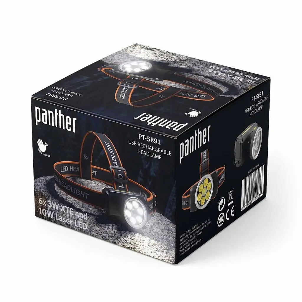 Panther PT-5891 Sensörlü 3000 Lümen Beyaz Lazer & 6x3W XTE LED USB Şarjlı Kafa Lambası
