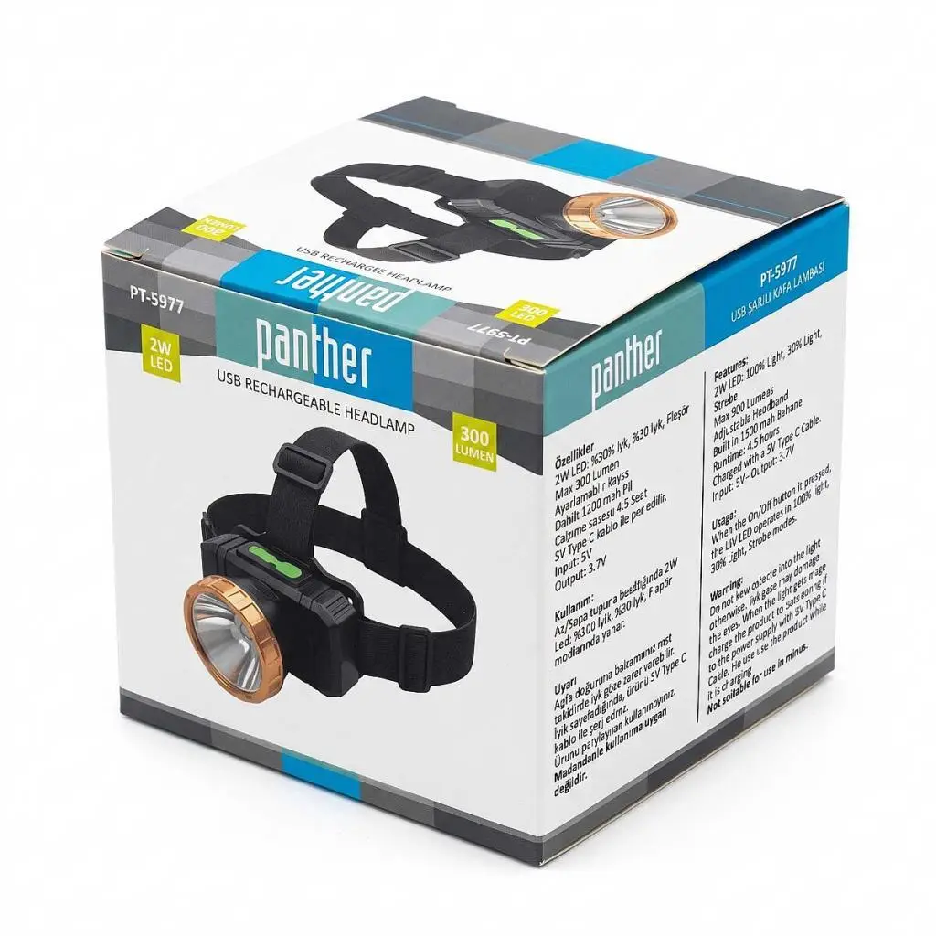 Panther PT-5977 USB Type-C Şarjlı LED Kafa Lambası 300 Lümen 3 Modlu Ayarlanabilir Kafa Feneri