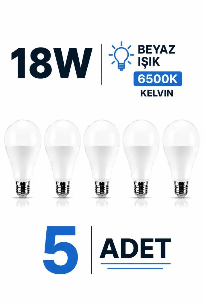 Şahnet 18W E27 LED Ampul 6500K Beyaz Işık 5 Adet Yüksek Aydınlatma Lamba