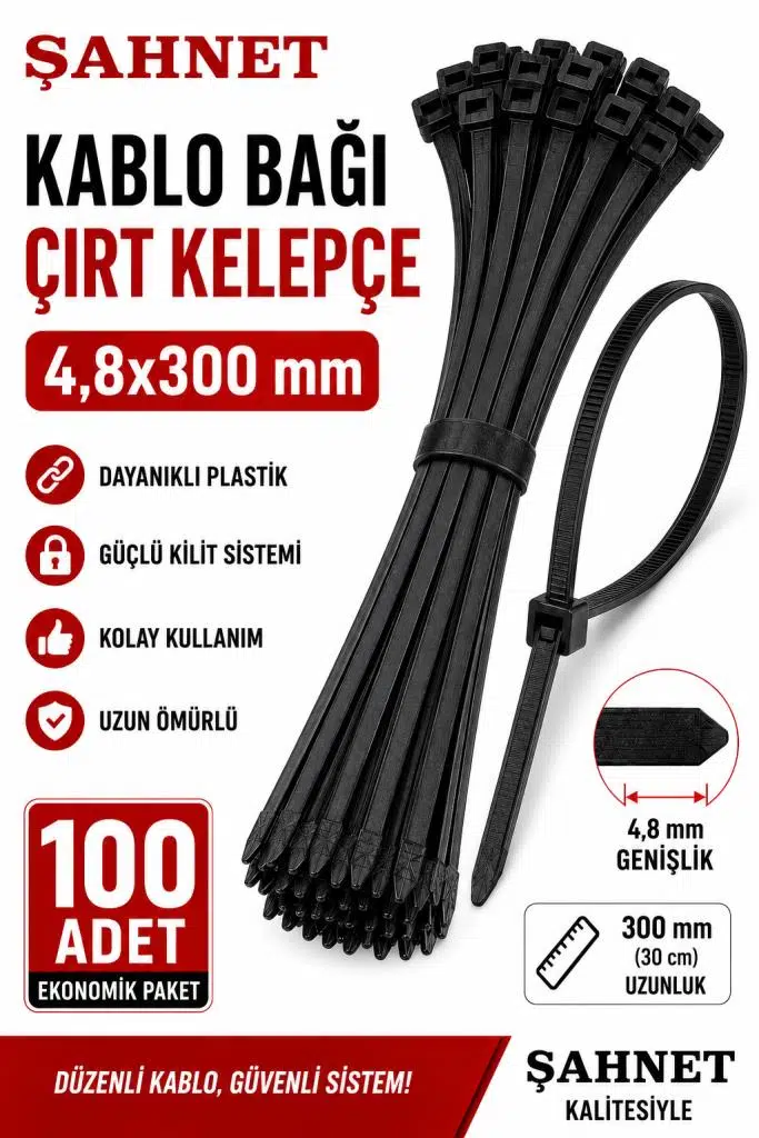 Şahnet 4,8x300 mm Siyah Kablo Bağı (Çırt Kelepçe) 100 Adet - Plastik Kablo Toplama Bağı
